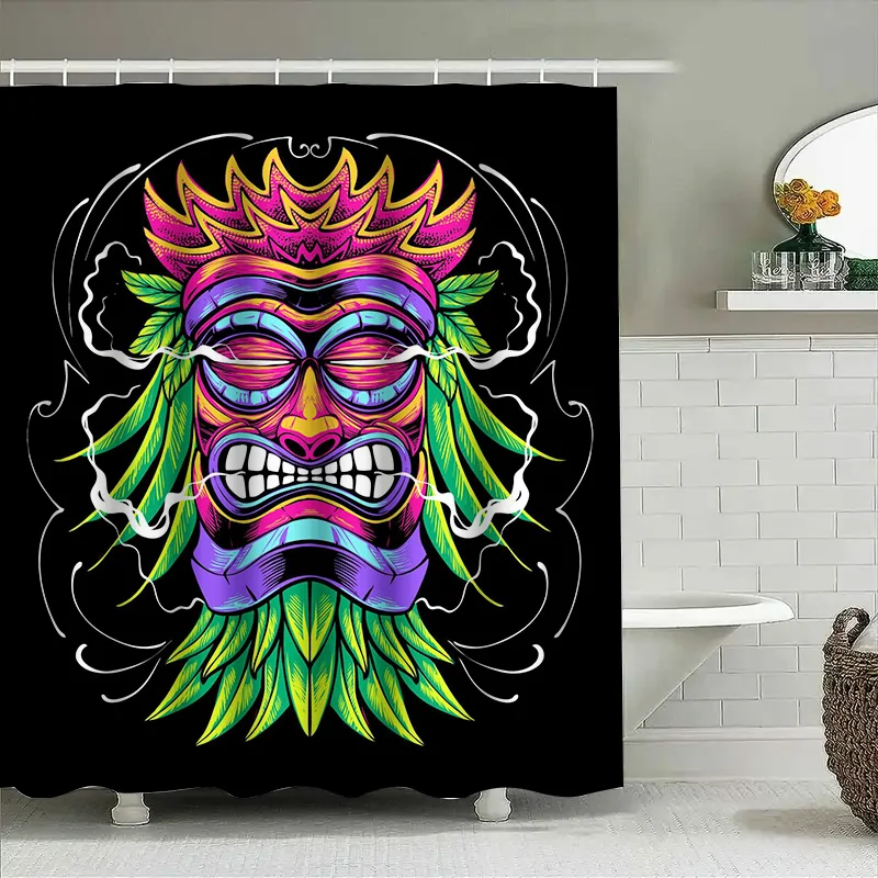 

Tuniu Яркая этническая маска Тики Занавеска для душа Крутой неоновый художественный декор для ванной комнаты Уникальный декор стен