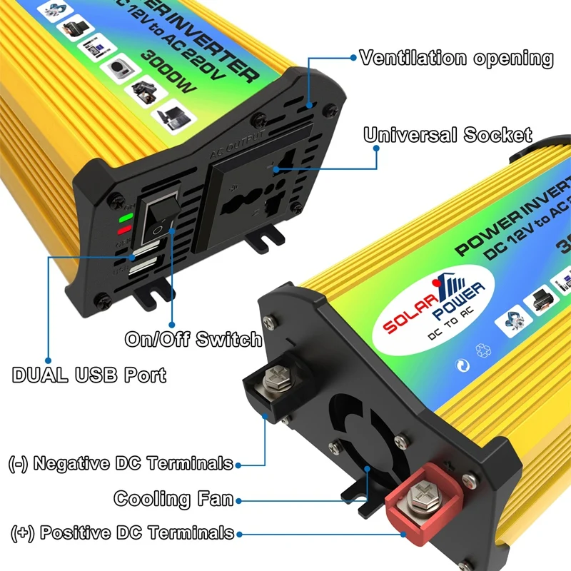 Inverter daya mobil DC12V ke AC 3000W, konverter transformator kapasitas tegangan pengisian cepat USB ganda