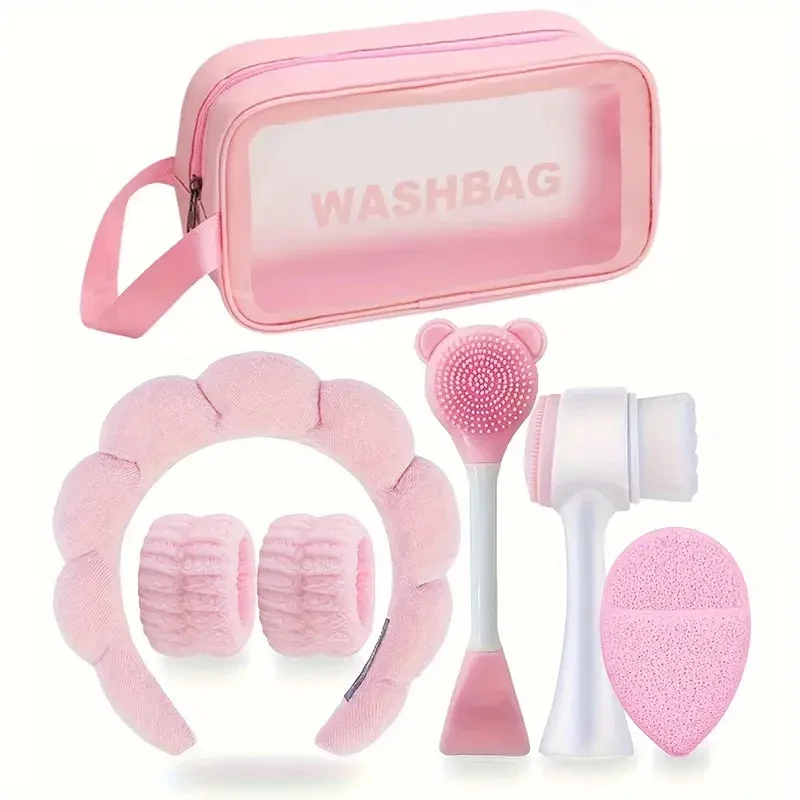 7-piece makeup and face wash beauty set, including 3 headband sets, 1 cosmetic bag, 2 face wash brushes and 1 powder puff