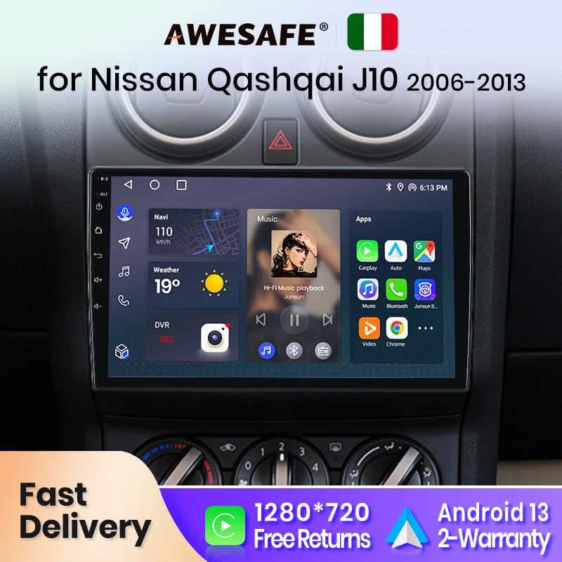 AWESAFE Wireless CarPlay for Apple Android 13 Auto Radio for Nissan Qashqai 1J10 2006-2013 Multimedia Screen Stereo GPS Italy