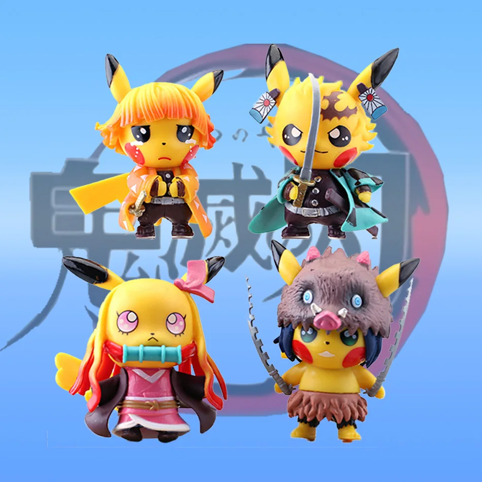 

4pcs Anime Figure Set: Pikachu Cosplay Demon Slayer Characters PVC Collection Toys Kids Birthday Gift