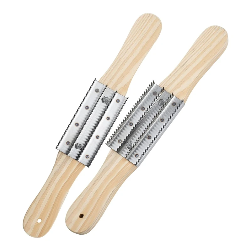 Rastrillo de rueda pulidora de 2 uds, mango de madera, 4 filas de dientes de Metal, herramienta de limpieza de rueda pulidora para eliminar compuestos residuales-AT64