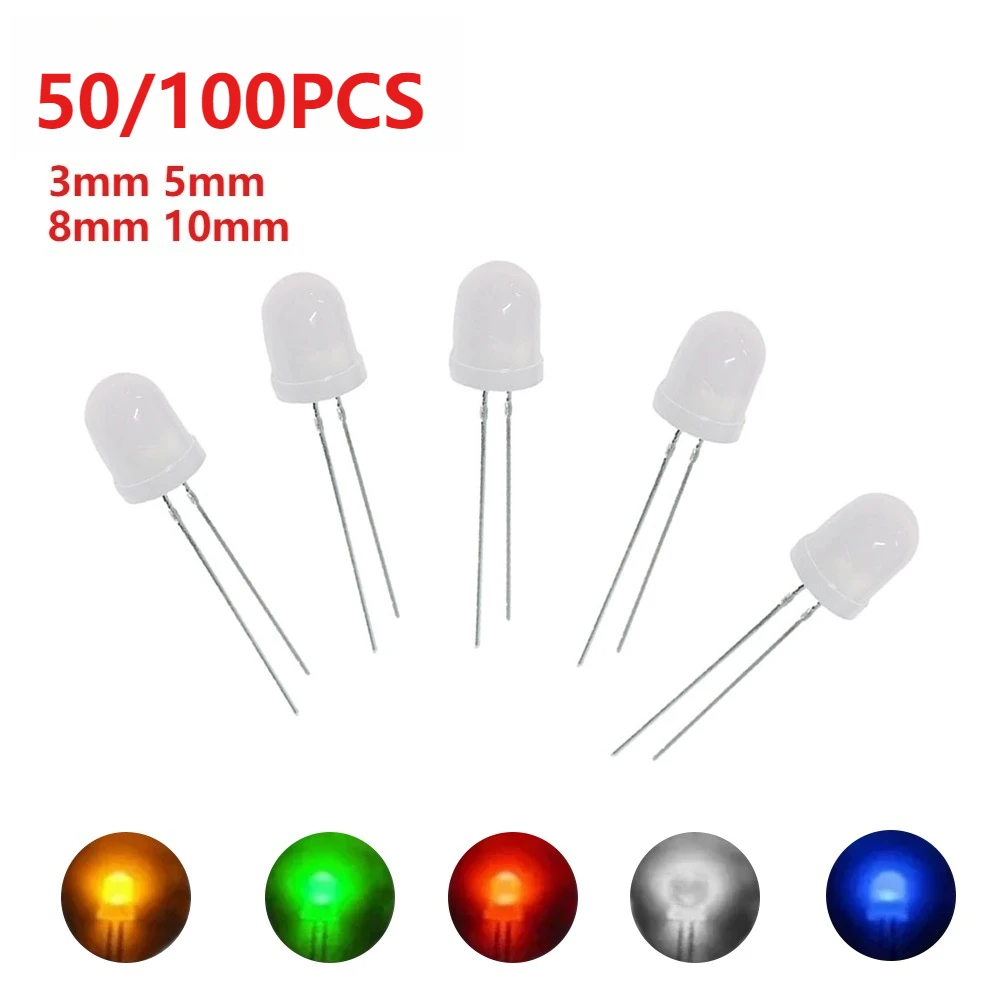 50szt./100szt. LED 3mm 5mm 8mm 10mm Zestaw diod LED z dyfuzyjnym światłem przeciwmgielnym Wielokolorowe diody elektroluminescencyjne Białe Czerwone Żółte Niebieskie Zielone