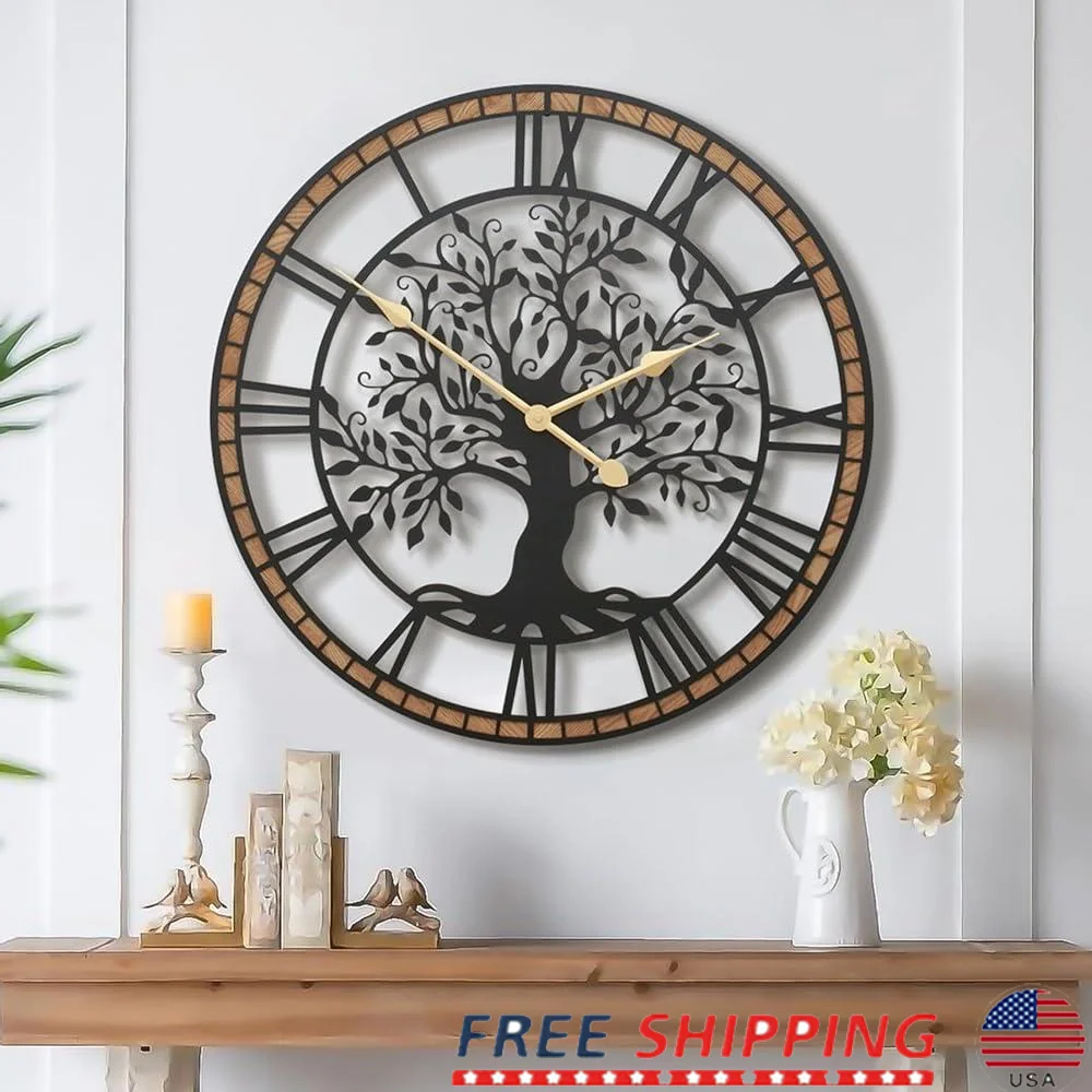 

Large Tree of Life Wall Clock Metal Wall Decor Non-Ticking Oversized Analog Clock Modern Home Decor Battery Powered Living Room