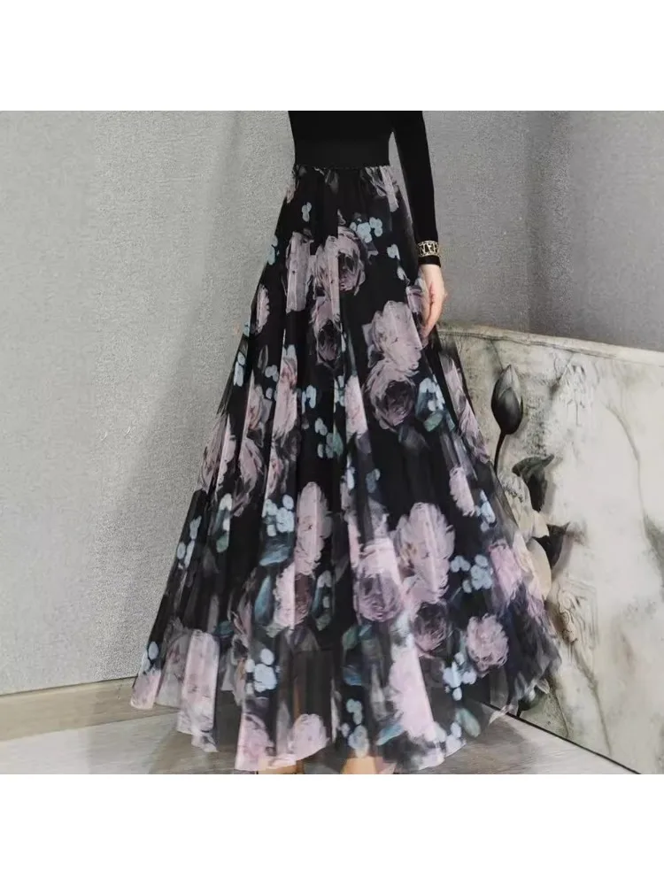 French holiday style tall man slightly stretched skirt A word skirt long skirt high sense summer floral skirt printed skirt