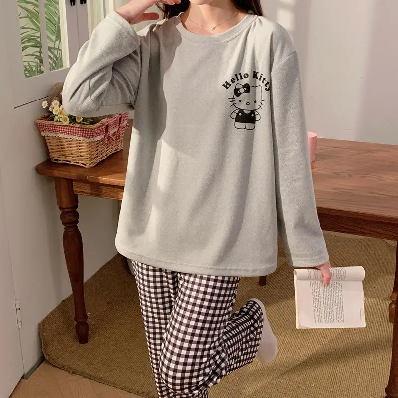 

Ins Стильные пижамы для девочек, модные простые осенне-зимние немецкие бархатные теплые мультяшные милые свободные повседневные комплекты домашней одежды HelloKitty