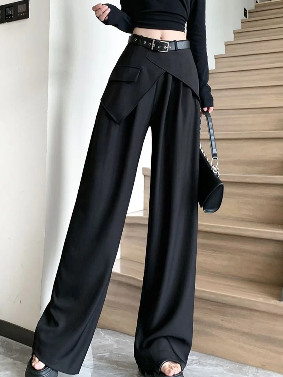 High Waist Wide Leg Pants Women's Casual Straight Cut Loose Fit Draped Floor Length Trousers Asymmetrical Design Autumn New A...