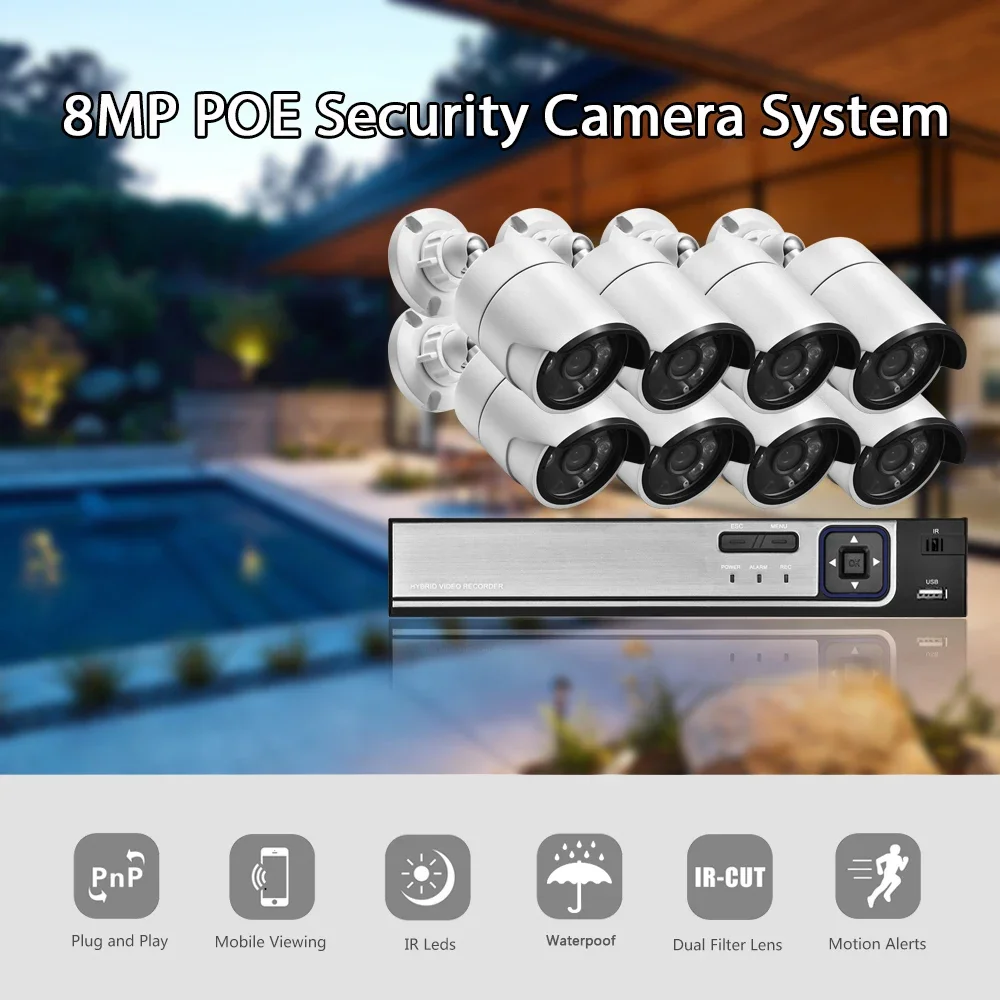 

4K 8MP Ultra HD POE NVR Системный комплект Наружная система видеонаблюдения Запись видеонаблюдения 8MP IP-камера Набор уличных домашних видеокамер