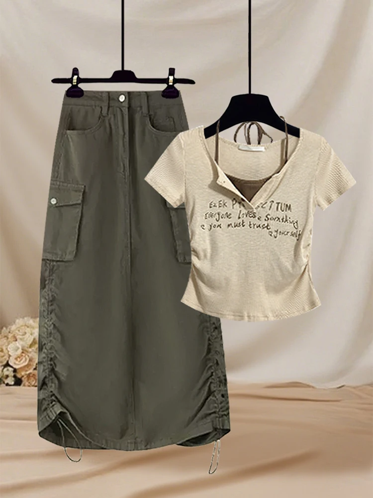 Spicy American Retro Two-Piece Set Women's Summer Short Sleeve T-Shirt And High Waist Short Skirt Conceal Meat Workwear Ensemble