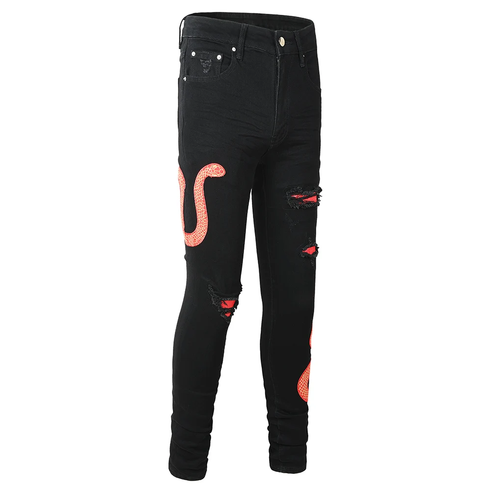 Herren Jeanshose aus Stretch-Denim mit schwarzer Schlangenstickerei, schmal geschnitten, konisch zulaufend, Bleistifthose mit Schlangenleder-Patch – Detail 16