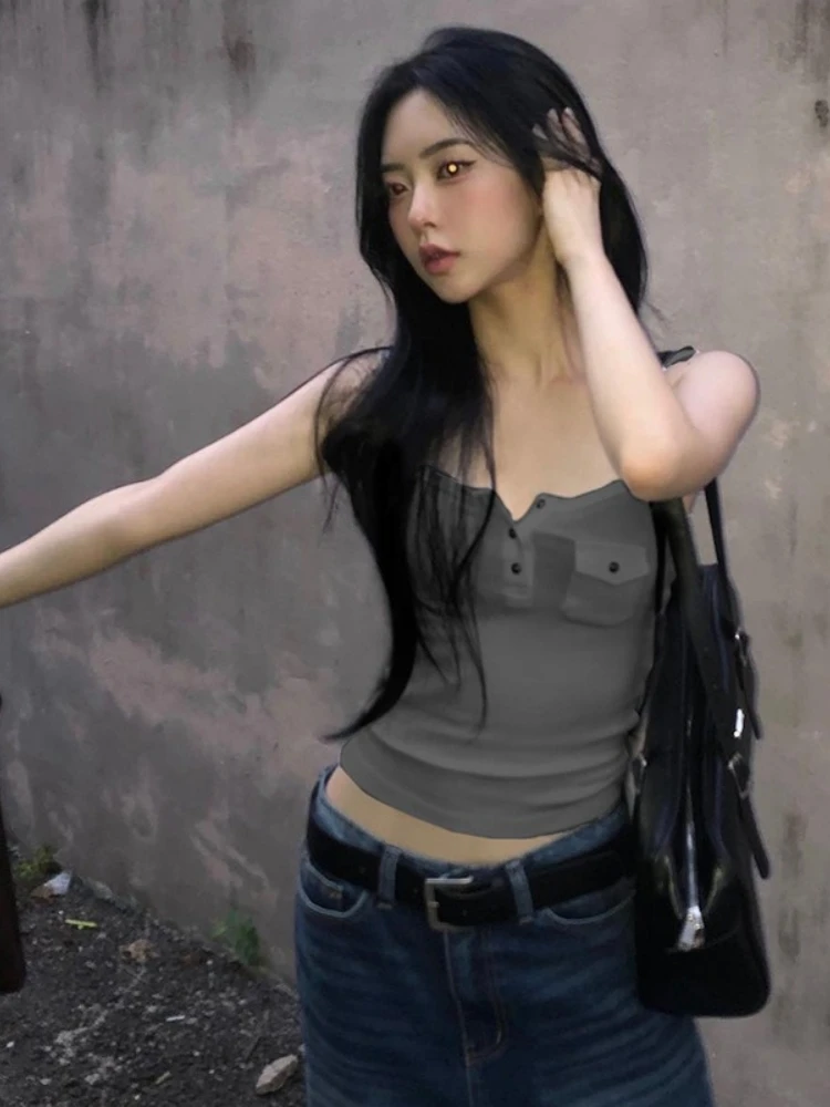 Solid Camis Pocket Crop Top Spaghetti Strap Sexy Tops For Women Fashion Clothing Buttons Tank Top Ropa De Mujer Camison Verano