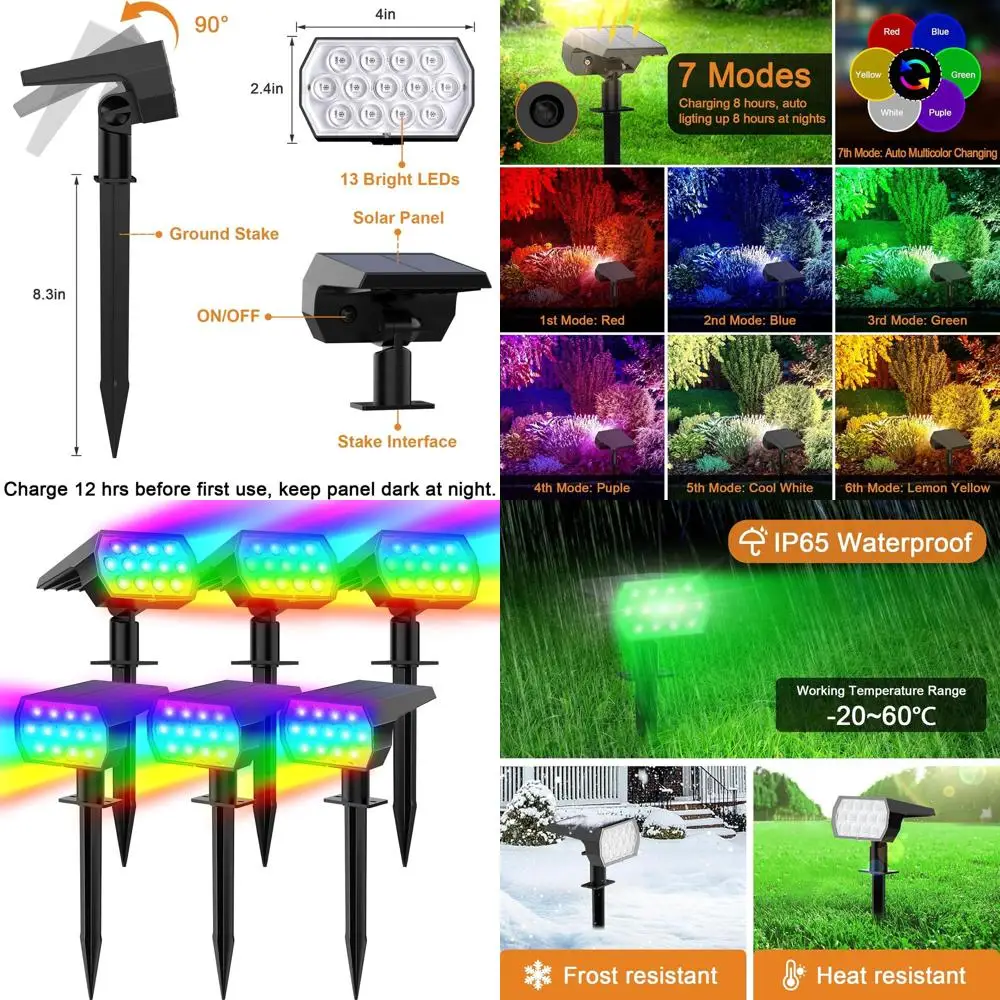 

Многоцветные 7-режимные солнечные прожекторы, водонепроницаемые уличные фонари для Хэллоуина, упаковка из 6 предметов для сада, двора, подъездной дороги и рождественского декора