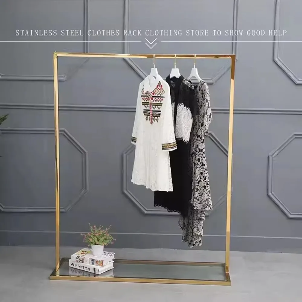 High End Modern Boutique Stainless Steel Clothing Rack on Wheels with Customizable Size and Easy Assembly for Clothing Stores