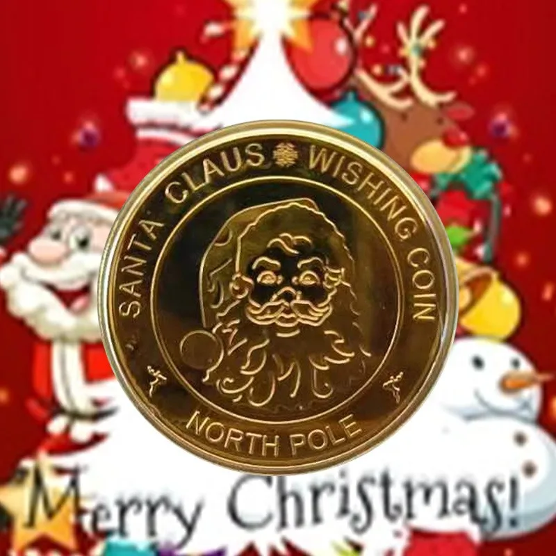 Gold Plated Coin, Christmas Commemorative Metal Coi, Round Collectible Gift with North Pole & Holiday,Santa Claus Wishing Coin