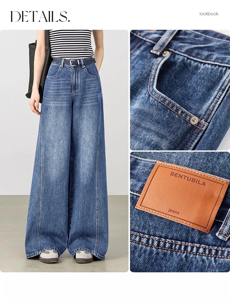 SENTUBILA Women's Baggy Jean Autumn 2025 New Skinny Versatile Denim Commuter High Waist Loose Wide Leg Washed Pants W53ND2043