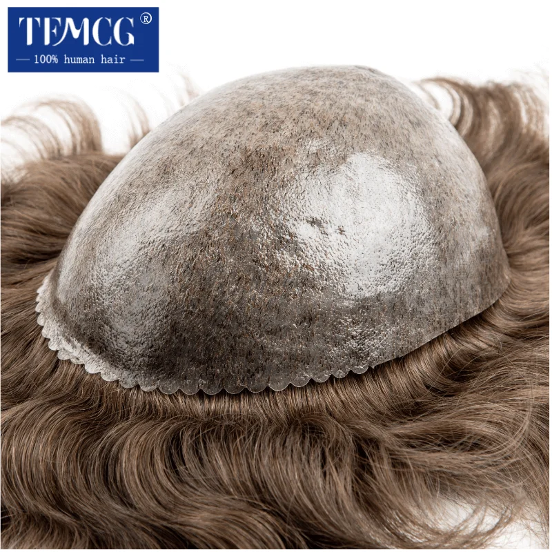 ชายผมเทียมผิวฐาน Toupee ผู้ชายทนทานวิกผมสําหรับชาย 100% มนุษย์ธรรมชาติระบบผู้ชาย Capillary Prosthesis