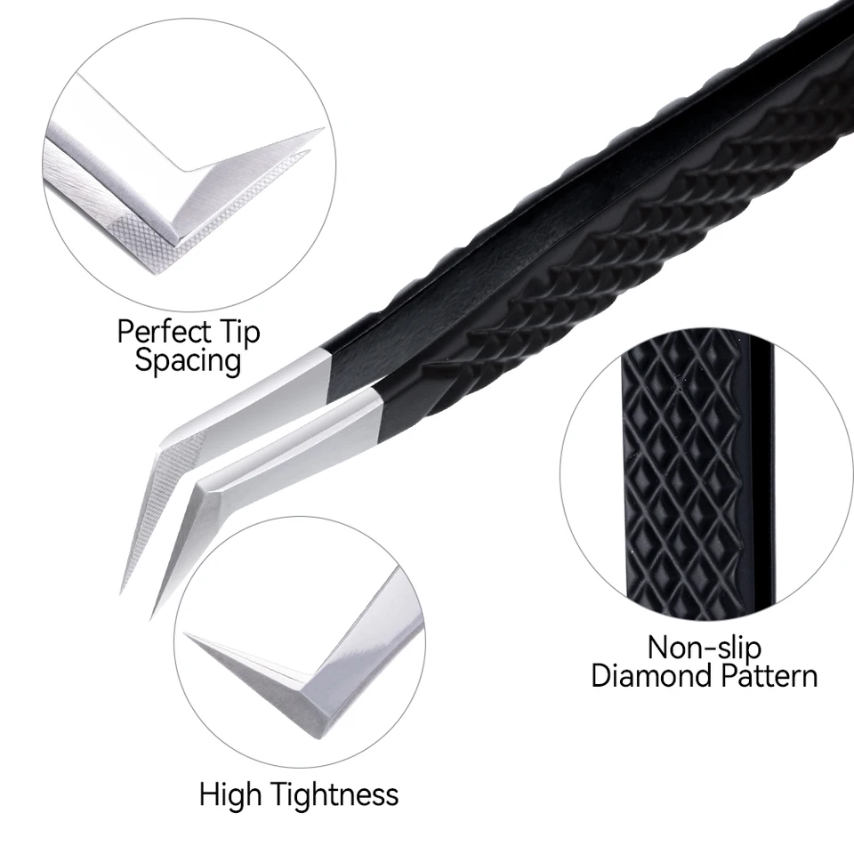 DAMMAN Set de 3 pinzas para pestañas con punta de fibra, alta precisión para extensión, con estuche de cuero 4