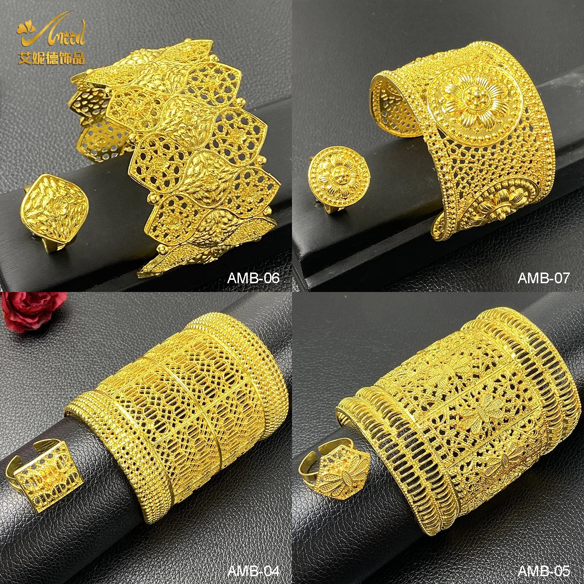 

ANIID African Luxury Cuff Bangles With Rings Golden Jewelry For Lady Dubai Anniversary Party Middle East Bride Gifts Wholesale