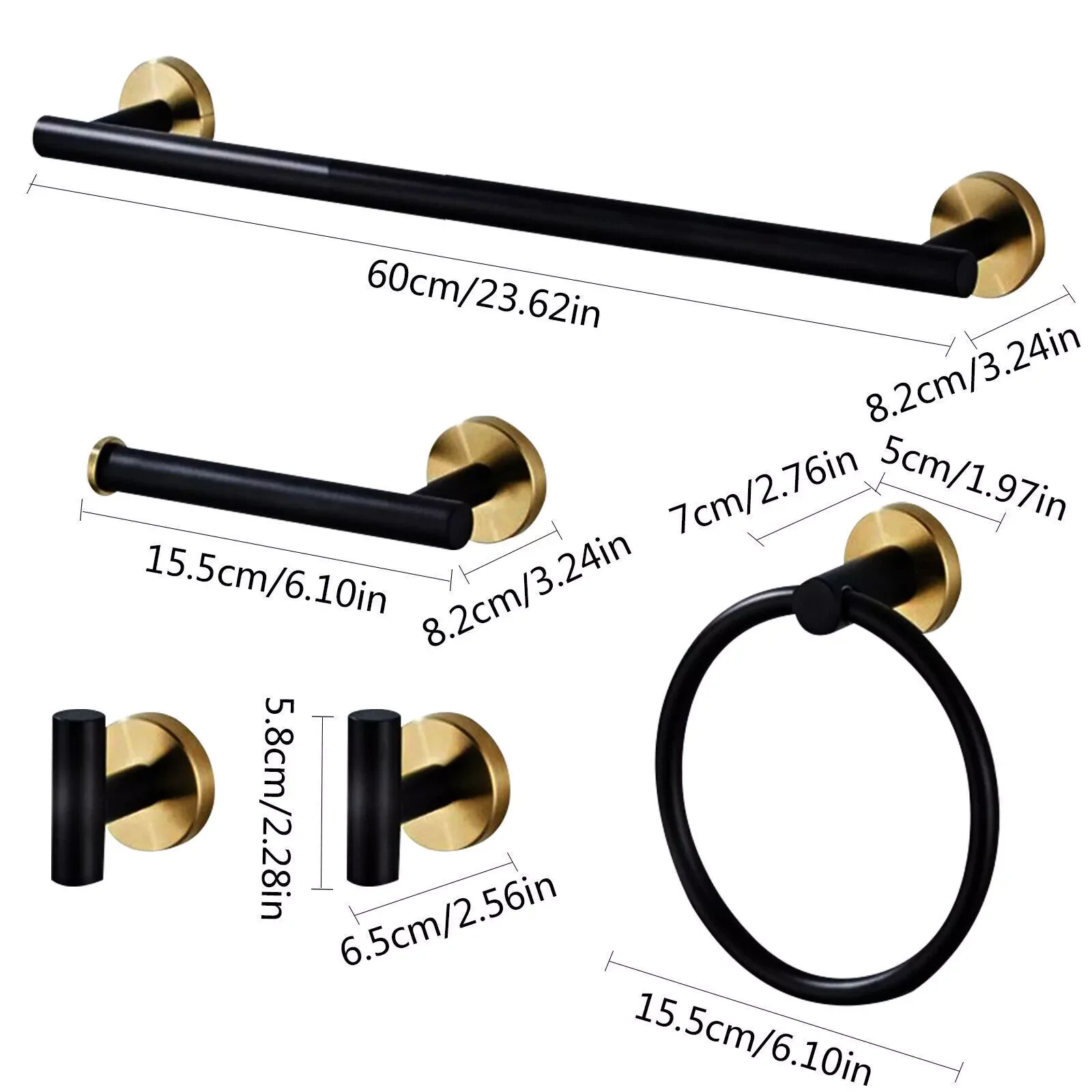 304 Stainless Steel Towel Rack Set 5-Piece Bathroom Hardware Set Black and Gold