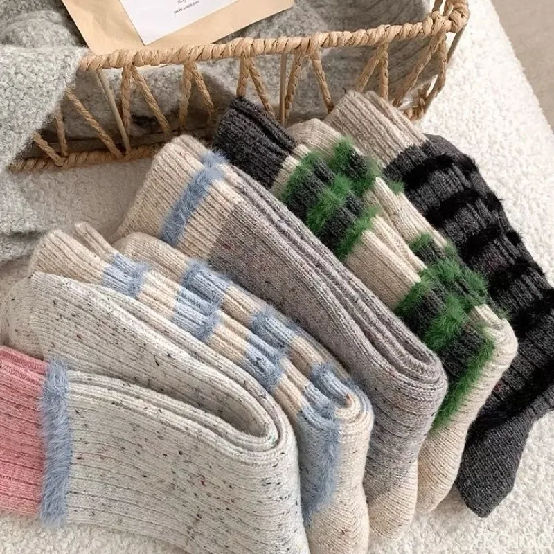 

5 пар женских толстых модных универсальных носков средней длины с начесом, контрастных цветов, для осени и зимы, повседневные, удобные, теплые носки