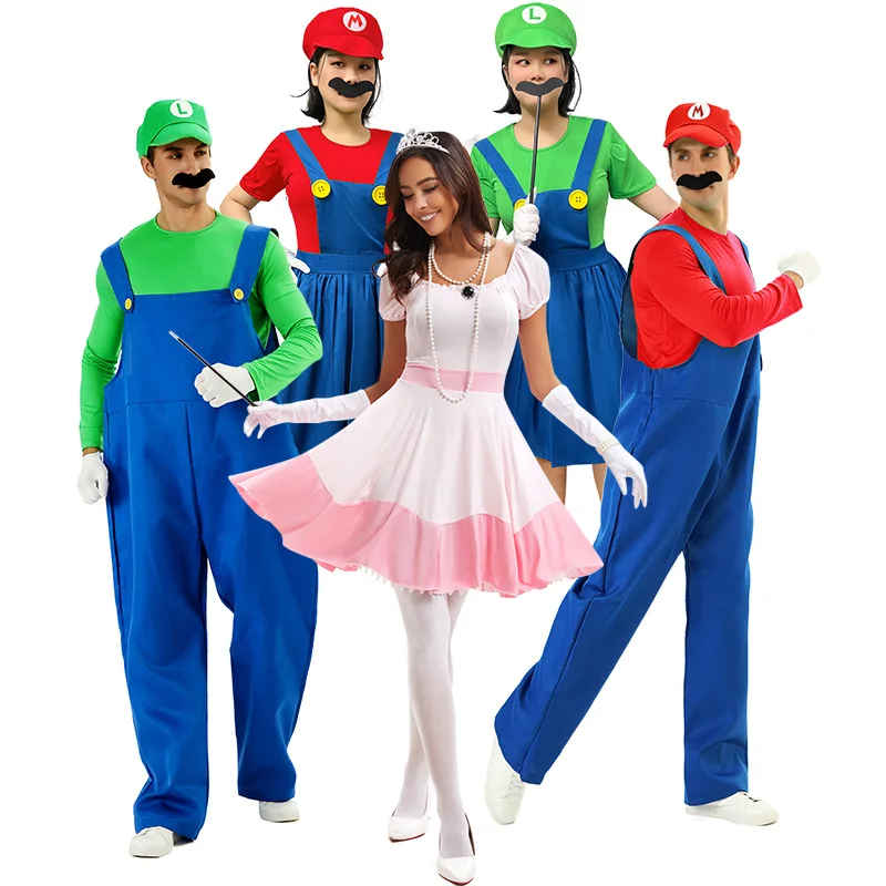 

Halloween Adult Lady Peach Princess Queen Costume Men Funy Super Game Cosplay Costume Luigi Bros Plumber Christmas Fancy Dress