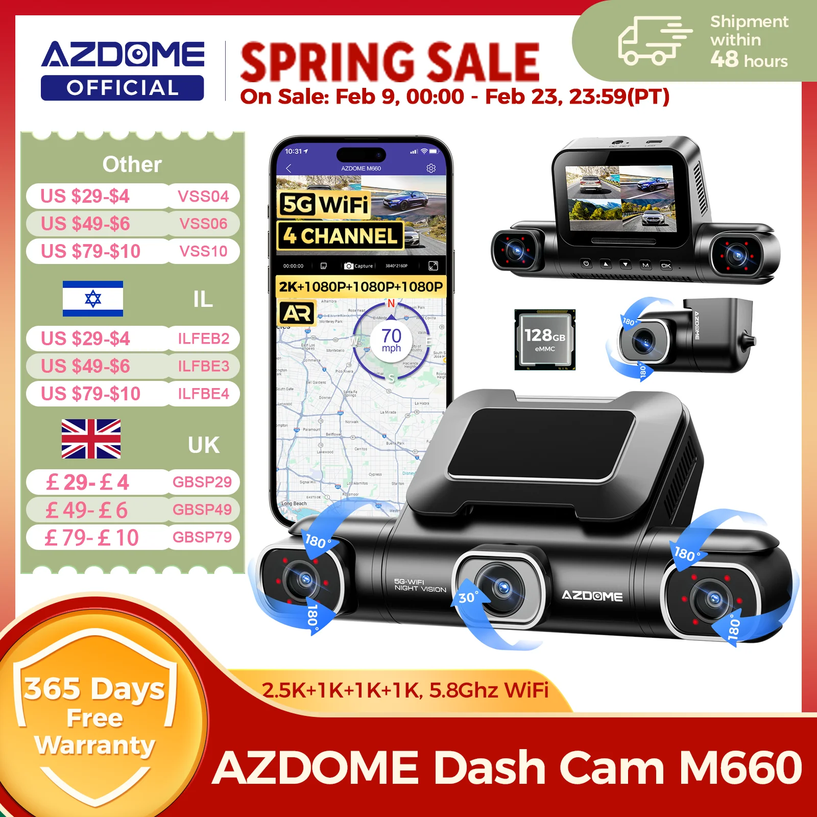 AZDOME M660 2.5K+3*1080P 4채널 차량용 블랙박스 GPS 5G 와이파이 내장 128GB eMMC 음성 제어 ...