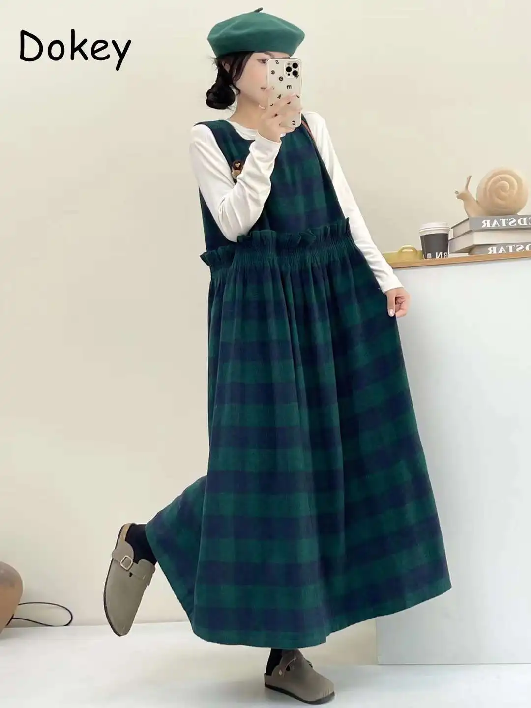 Japanese Mori Girl Green Plaid Vest Dress Women Vintage O-neck Sleeveless Loose Cotton Pullover Tank Dress Female Casual Vestido