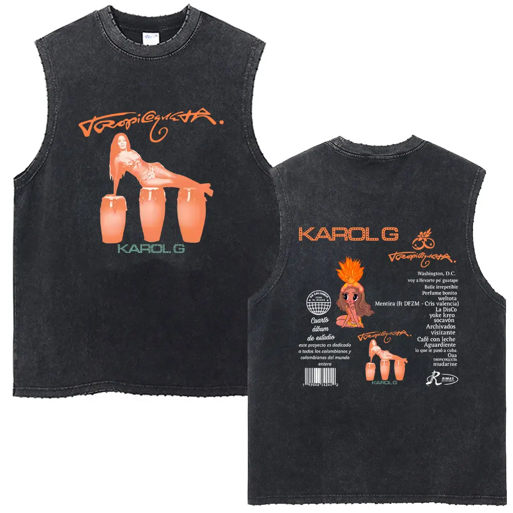Karol G Tropicoqueta Latina Foreva 2025 Album Washed Tank Tops Male Fashion Hip Hop Oversized Sleeveless Vest Man Vintage Tshirt