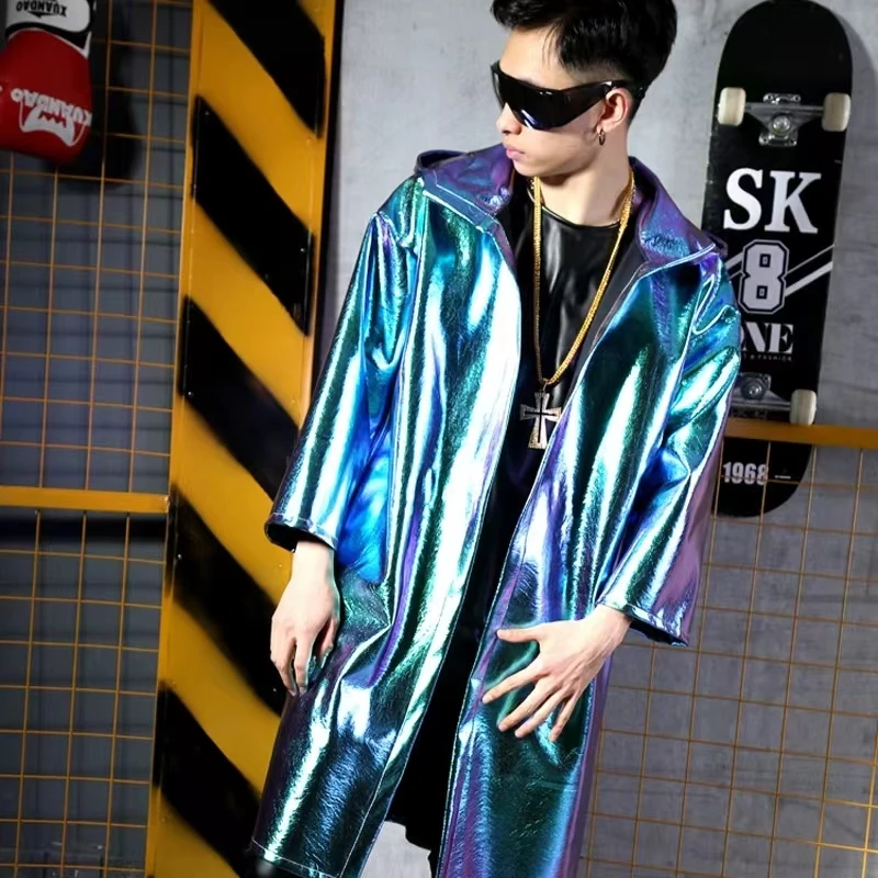 

Trendy Male Singer DJ Performance Uniform Cool PU Cape Jacket Nightclub Bar Leading Dance Stage Performance Clothing