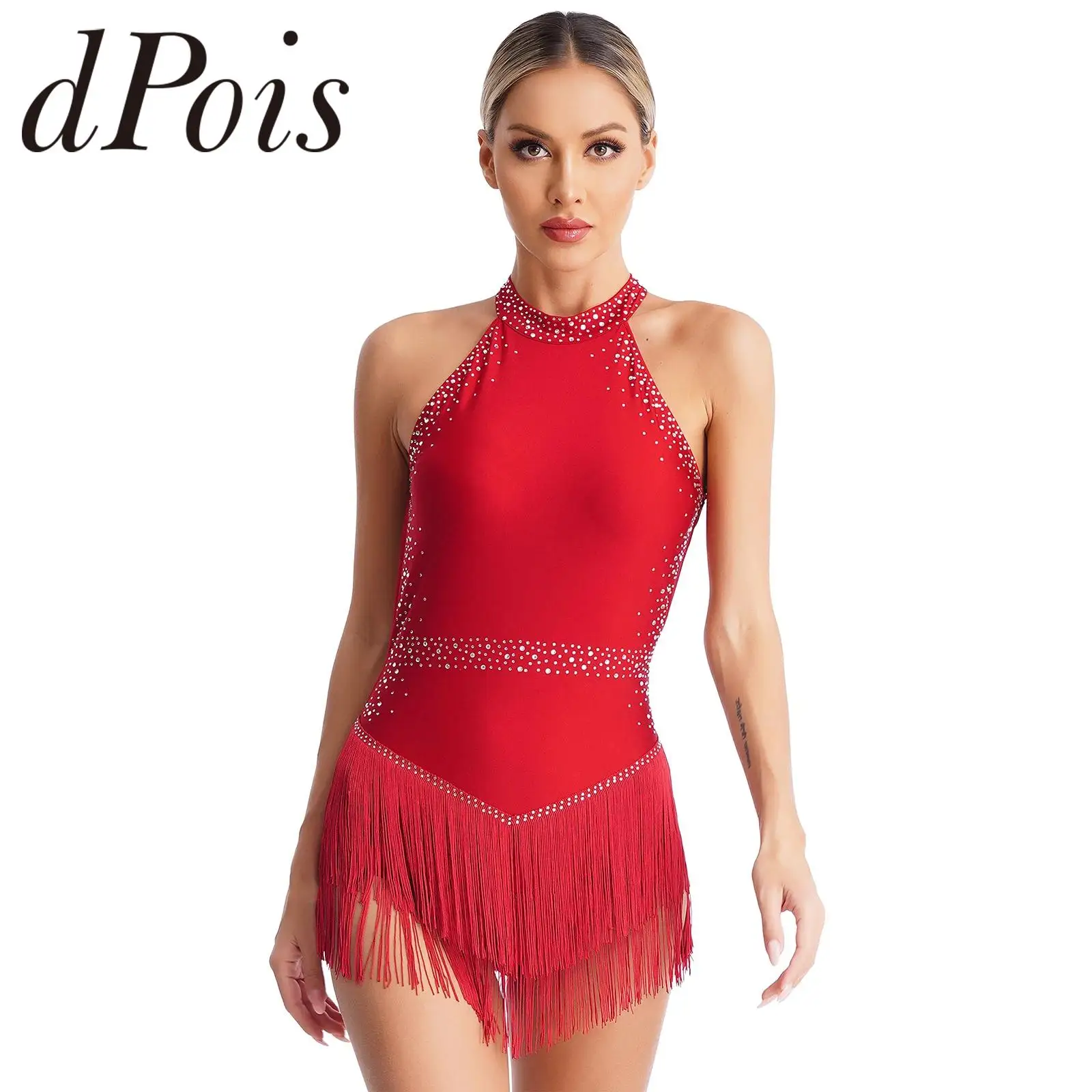 Women Rhinestone Tassel Latin Dance Leotard Fringe Dresses Belly Dance Salsa Tango Cha-cha Ballroom Costume Cocktail Dress