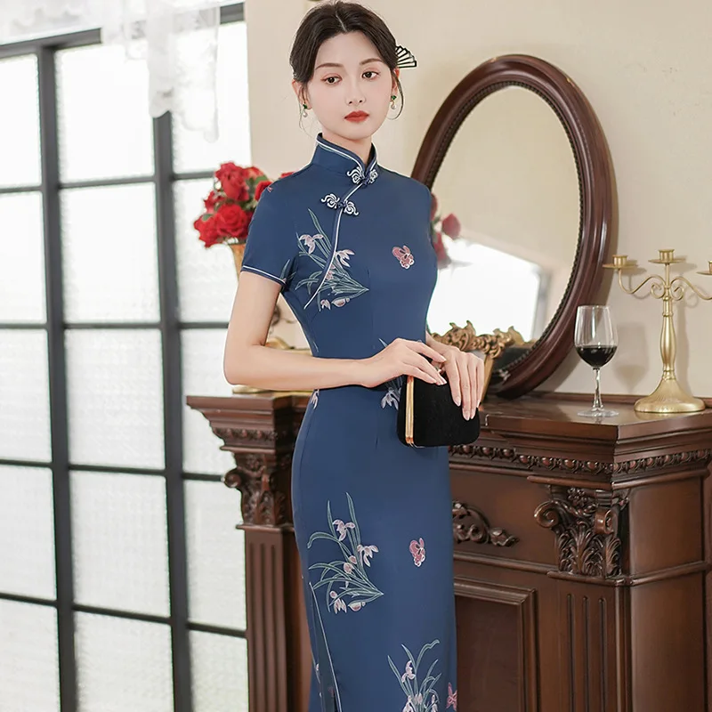 Plus Size 5XL Floral Sexy Cheongsam Long Women Qipao Mandarin Collar Chinese Dress Gown Vintage Evening Party Dresses Vestidos