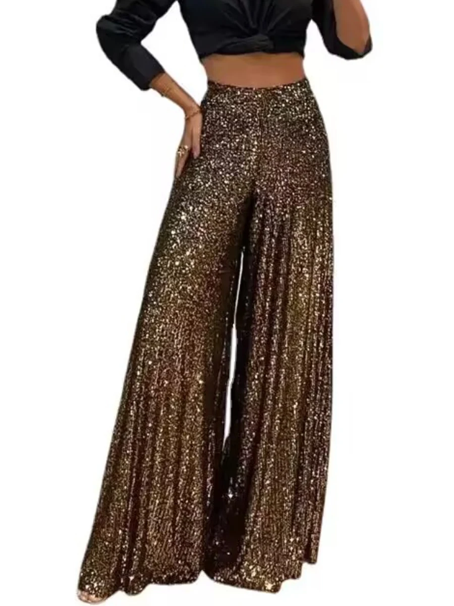 Sequin Decor High Waist Wide Leg Flared Long Pants