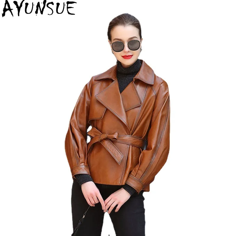 AYUNSUE Genuino Giacca di Pelle Delle Donne 2025 Primavera Autunno Vestiti Cappotti di pelle di Pecora Collare del Vestito Delle Donne Cappotto Cintura Jaqueta De Couro