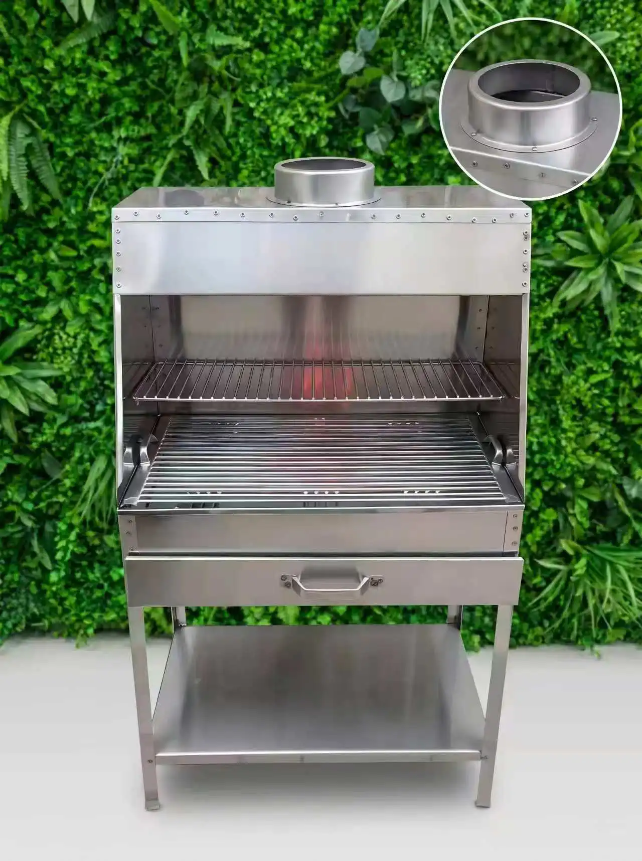 Premium Modern Compact Backyard Argentine Parrilla Gaucho Charcoal BBQ Grill, Stainless Steel, Adjustable Height