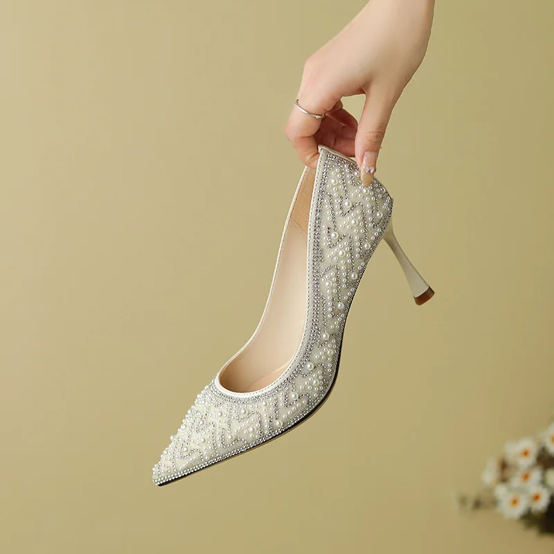 Sheepskin Wedding Shoes Rhinestone Pearl High-end Xiuhe Bridesmaid Not Tired Feet Party Dress Bride Thin Heel Pointed Shoes 7cm