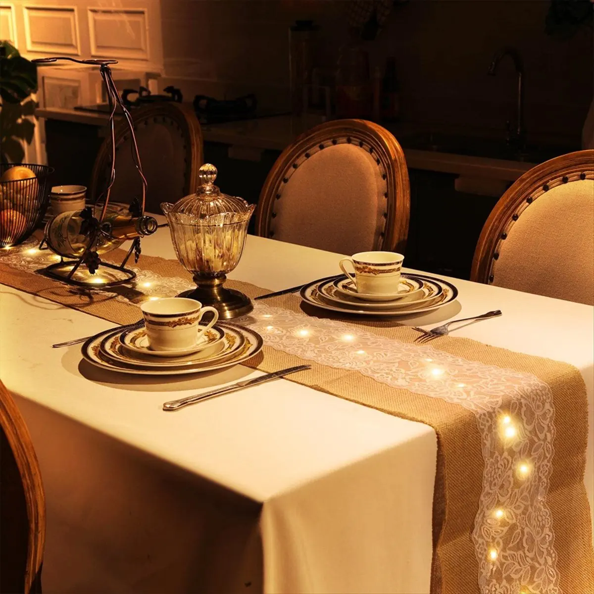 Carefree- 6 Pack Burlap Table Runner with LED Lights Lace Rustic Natural Boho Runner for Farmhouse Wedding Decor 12x108 Inches