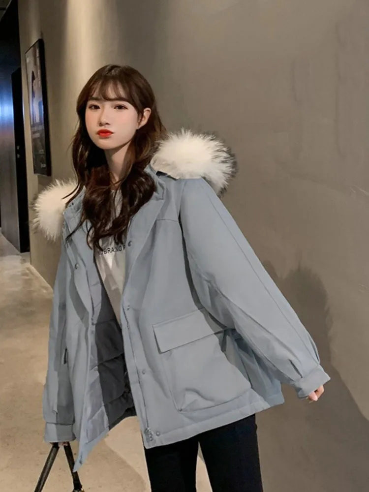 

2023 Autumn Winter New Women Short Cotton-padded Jacket Casual Warm Hooded Parkas Thick Fashion Solid Coat