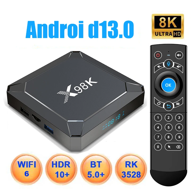 X98 X98K Android 13 Smart TV Box 2G 16G 8K HD 2.4G 5G Dual-band WIFI 6 BT 5.0 RK3528 Ram 4GB Rom 32GB HDR10 Set Top TV Box