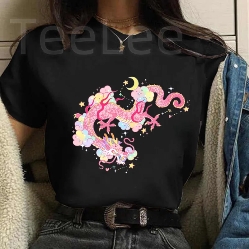 Fashion Women Dragon T-shirts Print Funny Cute Cartoon Womens Clothing Female Graphic Black T Shirt Casual Summer Tee Shirt