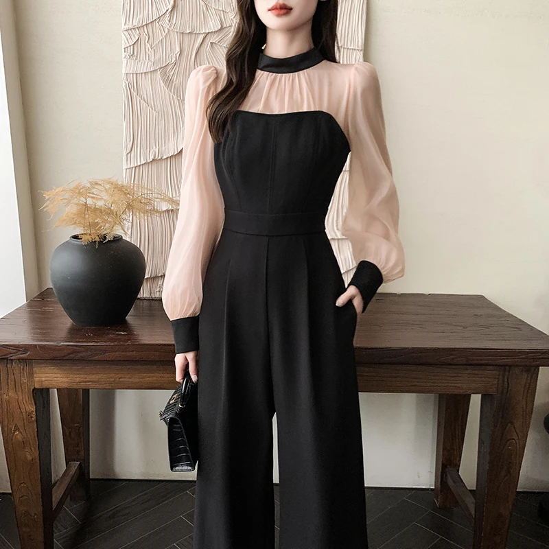 Fashion Women Jumpsuits 2024 Spring Back Bow Wide Leg Overalls Casual Long Sleeve Loose Patchwork Draped Rompers