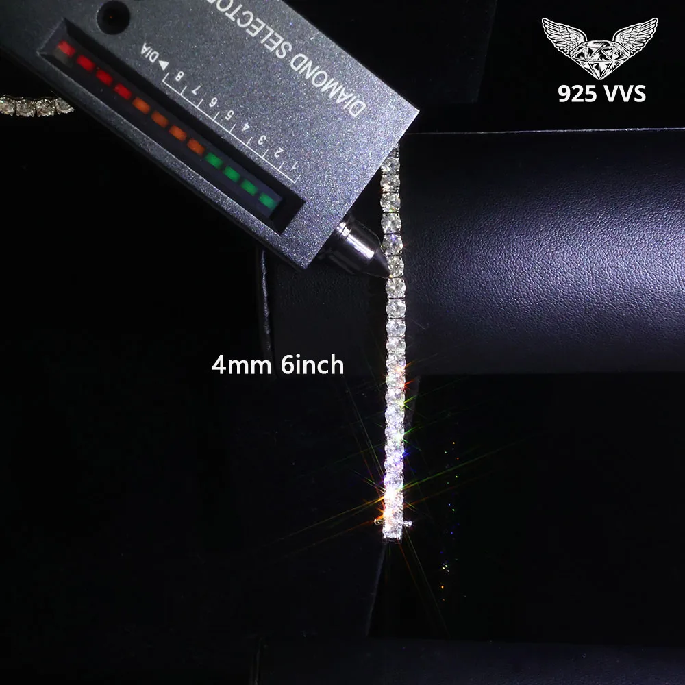 Hip Hop Top Quality 925 Sterling Silver 4mm Iced Out Bling VVS1 Moissanite Diamond Tennis Chain Bracelet