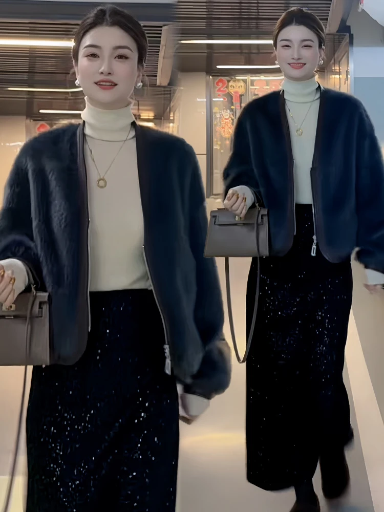 Ele Jaet feminino de pele sintética, emagrecimento, couro e pele inteiros de alta altura, calor de inverno, cor com zíper V-Ne