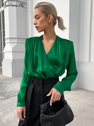 Mnealways18 Shoulder Pad Green Draped Shirts Women Long Sleeve V-Neck Elegant Satin Blouses And Tops Pleated Ladies Office 2023