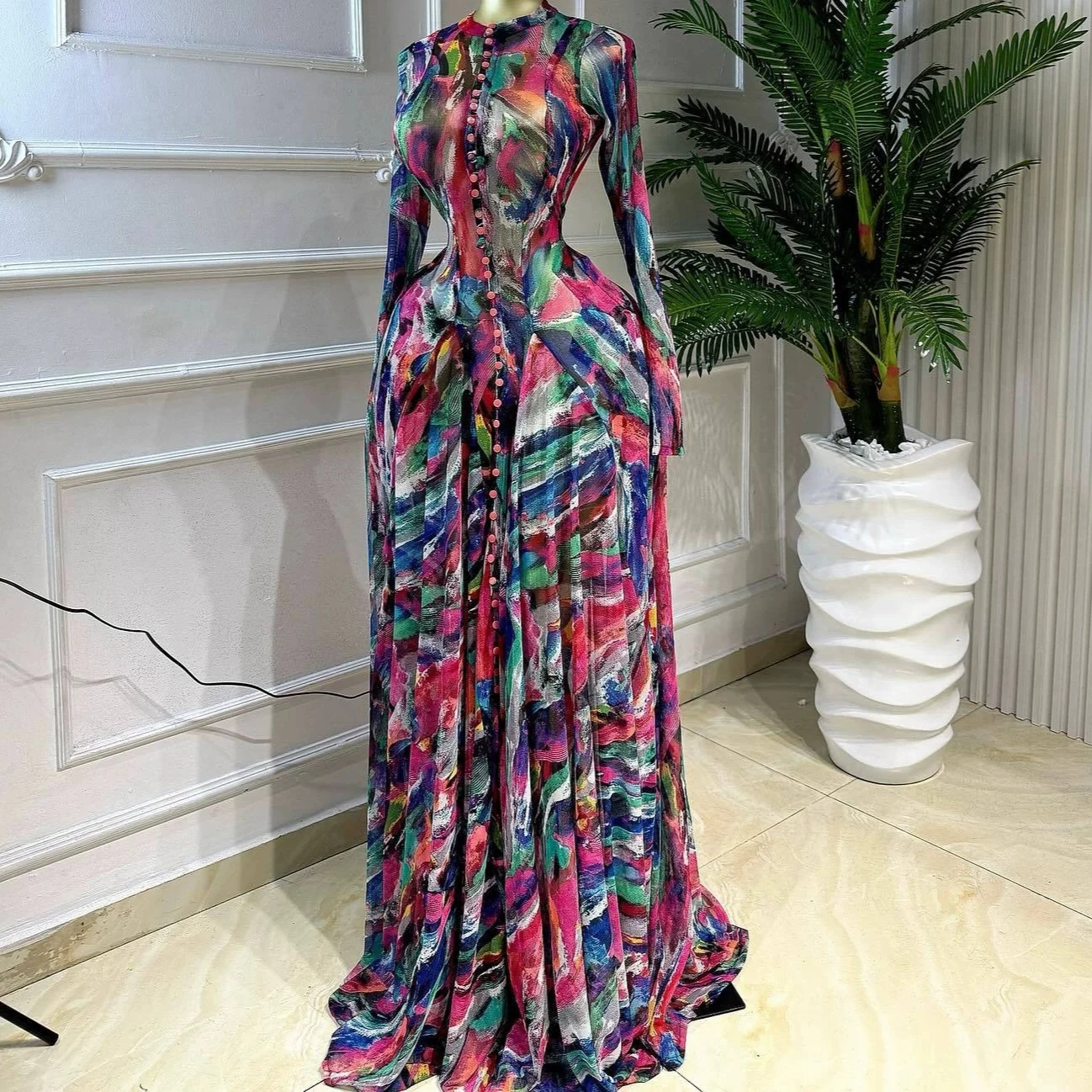 Bodenlange Kleider für Damen, Bedruckte Vestidos Y2k Streetwear, Langarm, Tailliert, Sexy Elegant für Party, Nacht und Arbeit 2026