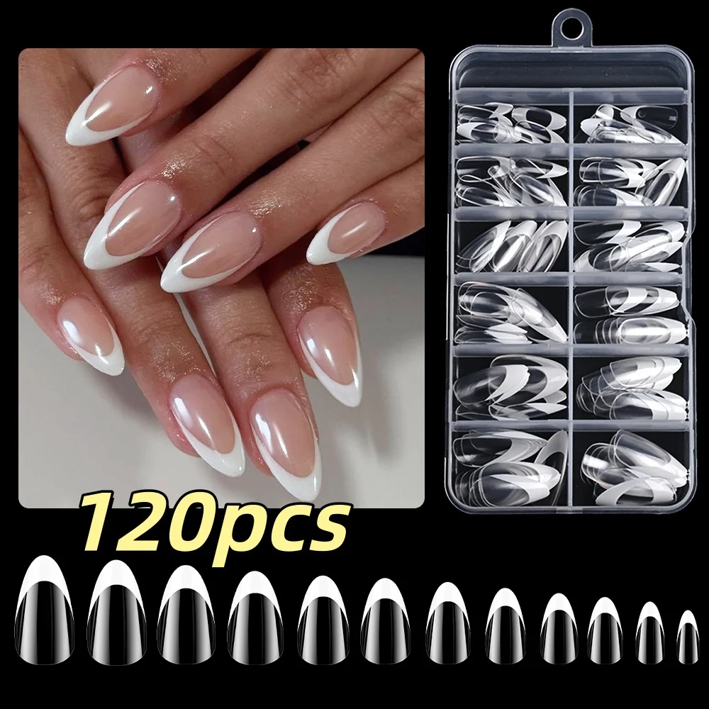 120pcs Short Almond French-Style Press-On Nails Transparent Glossy False Nails With Chic White Tips for a Sophisticated Look DIY