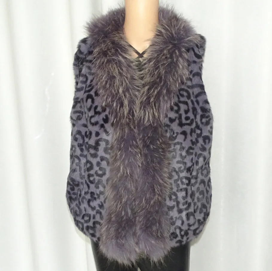 2023 Fur Vest Real Rabbit  purple leopard Women real fur vest  V-neck short with raccoon fur collar