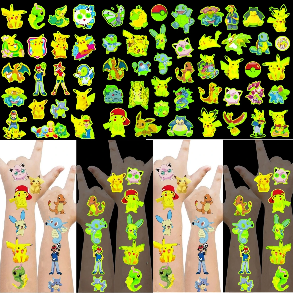 2/1pcs Luminous Pokemon Tattoo Sticker Birthday Decoration Child Body Arm Pikachu Sticker Baby Shower Kids Gift Party Supplies