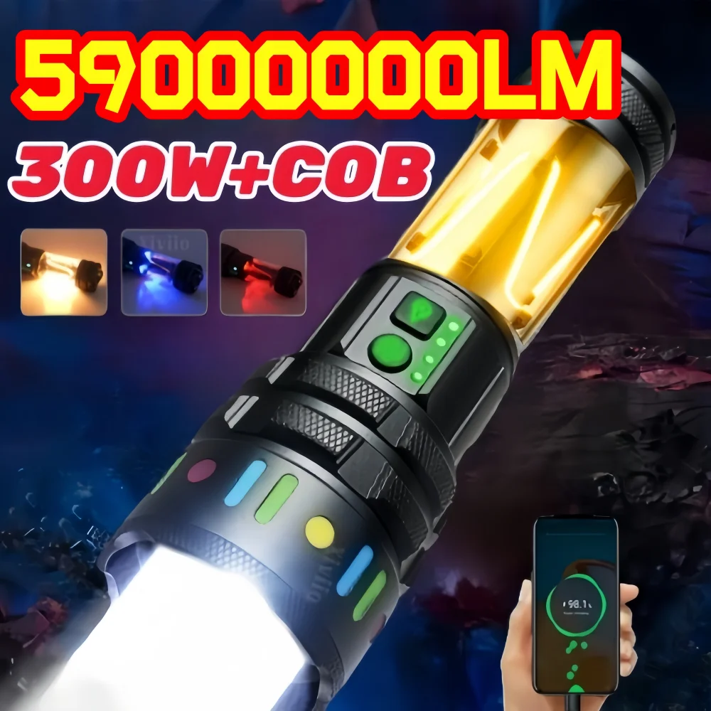 

59000000LM Powerful Flashlight High Power Multi-Mode Warm Light COB Side Light Flashlamp Dual Light Source Camping Fishing Light