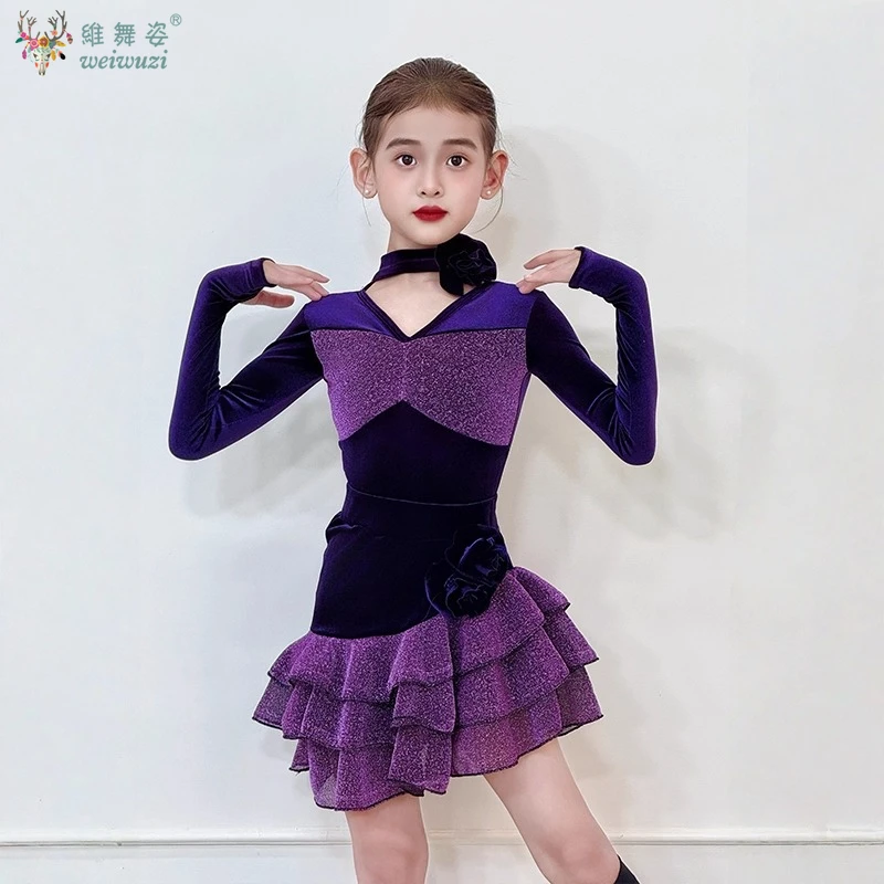 Vêtements d'entraînement de danse latine pour filles, jupe multicouche à manches longues, vêtements de compétition de spectacle sur scène de danse latine, automne