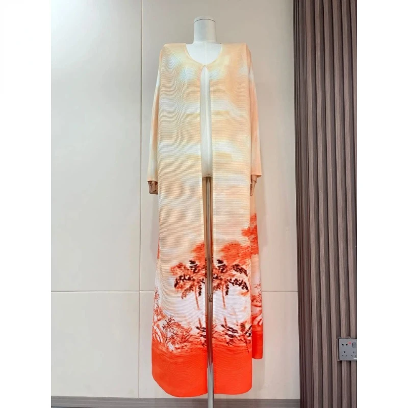 ALSEY Summer Vacation Print Pleated Windbreaker Round Neck Loose Contrast Color Long Trench Coat Fashion 2024 New